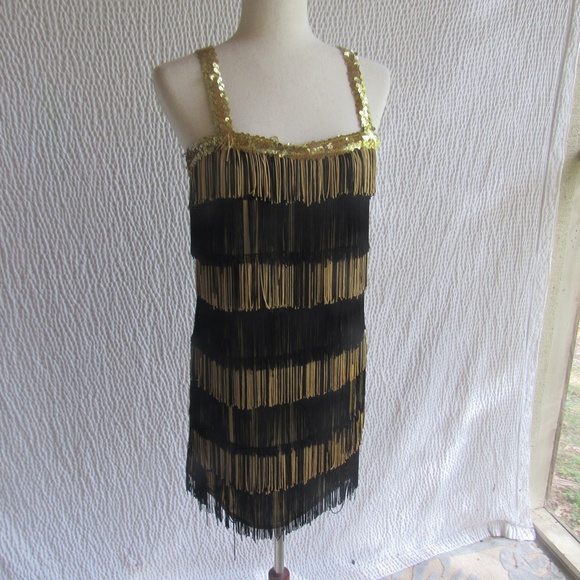 Fun Sequin Costume Dress Gold Black Fabric Custom Not cheap M L - Picture 9 of 15